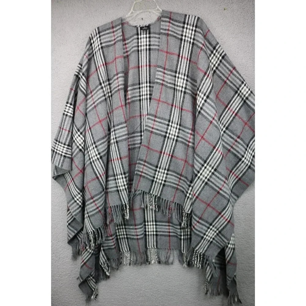 V. Fraas Women's Ruona Gray & Red Plaid Fringed Wrap-Poncho-One Size